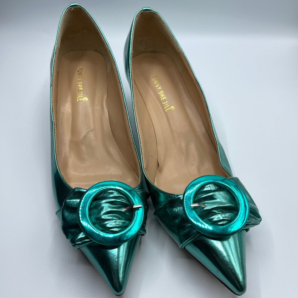 FSJ Funny She Jill Turquoise Aqua Metallic 10.5 Buckle Shoes 2" Kitten Heels